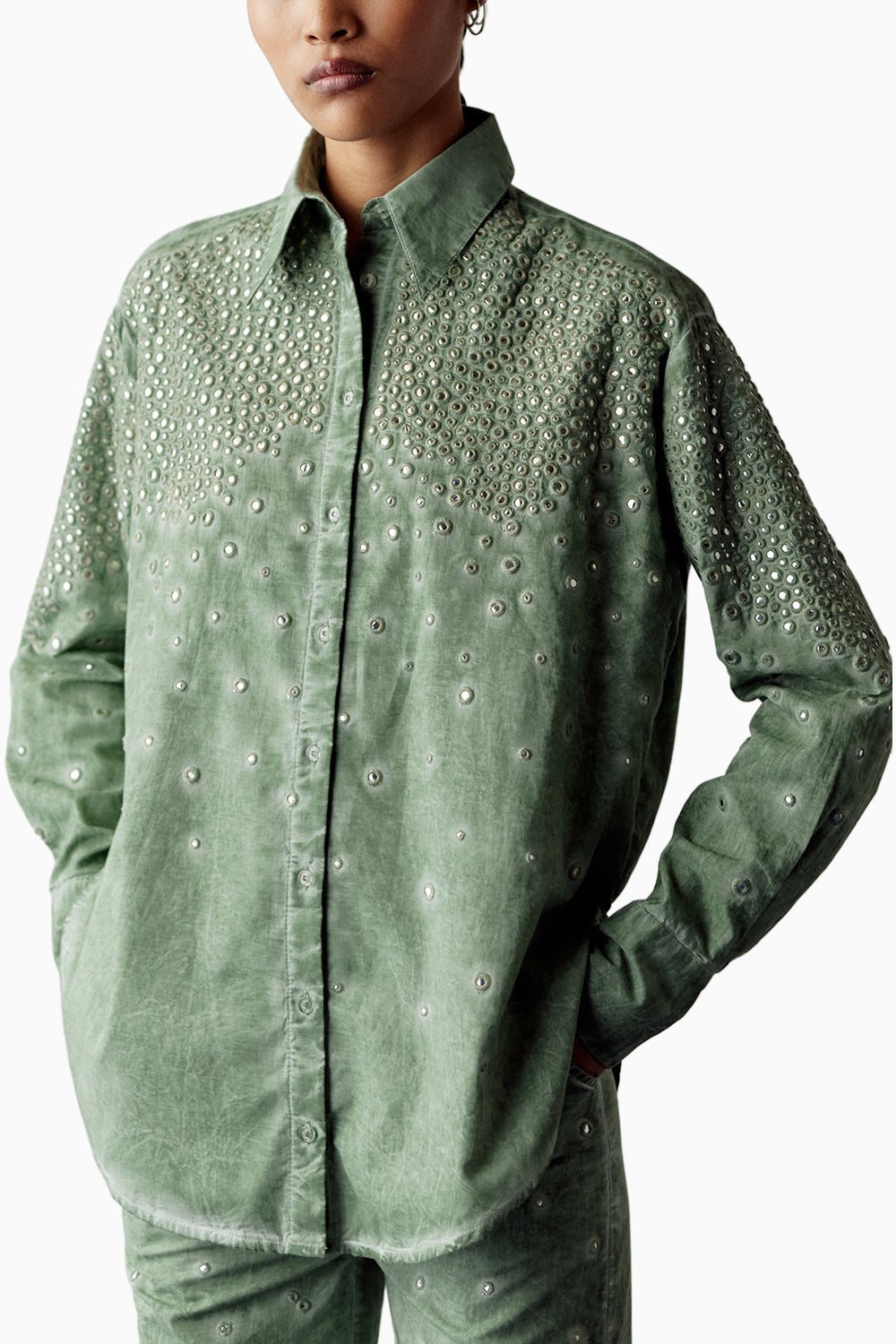 Green Overdyed Mirror Embellished Shirt