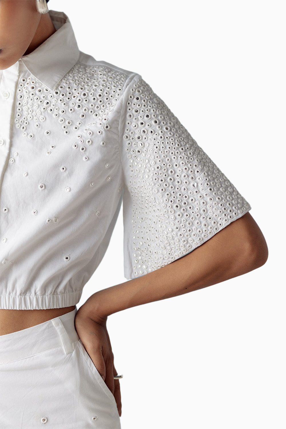 White Mirror Embellished Crop Shirt