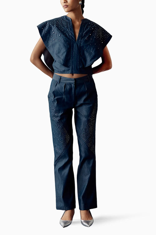 Blue Denim Mirror Embellished Coord Set