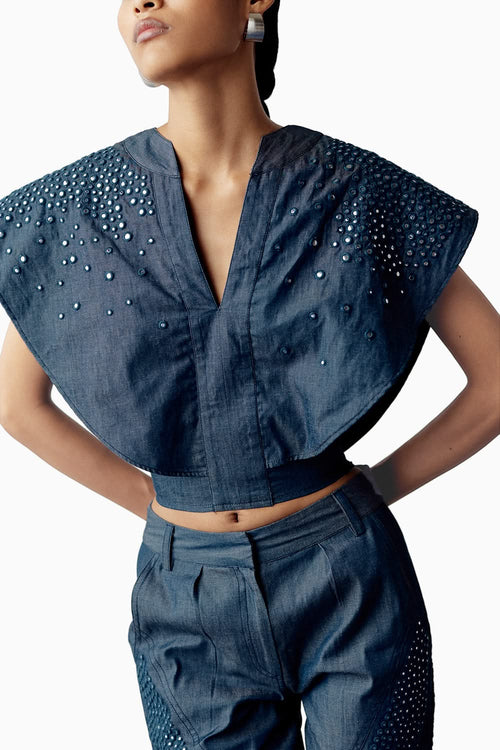 Blue Denim Mirror Embellished Coord Set