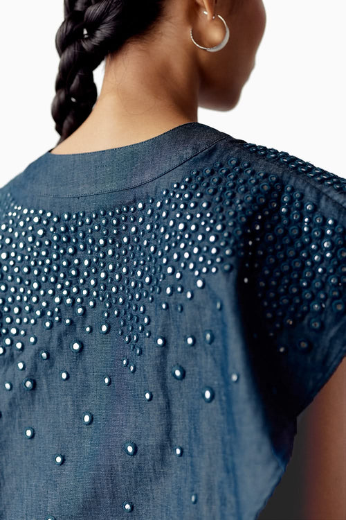 Blue Denim Mirror Embellished Top