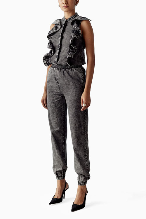 Grey Washed Black Denim Zipper Shirt