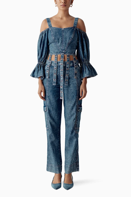 Blue Washed Denim Bralette with Pants