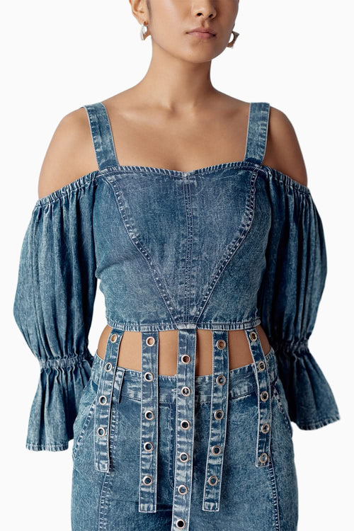 Blue Washed Denim Bralette with Pants