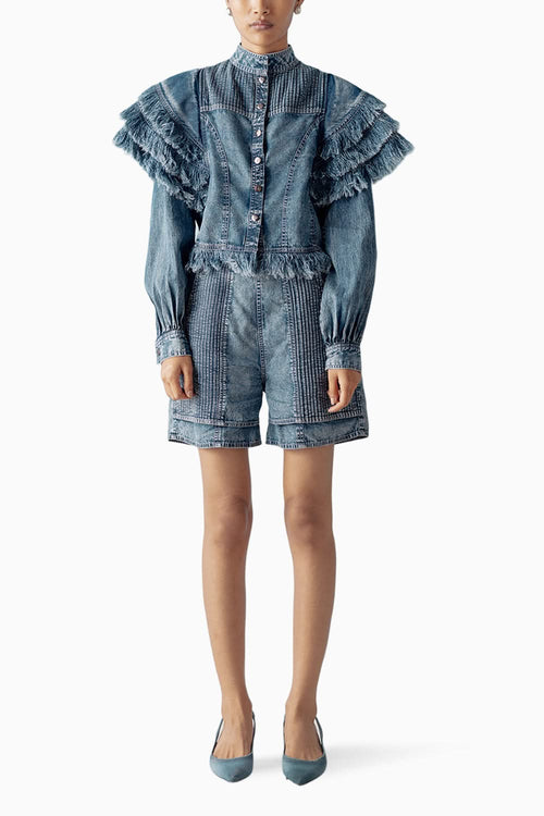Washed Denim Pintuck Shirt with Shorts Set