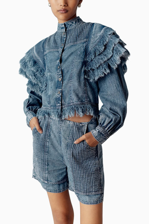 Washed Denim Pintuck Shirt with Shorts Set