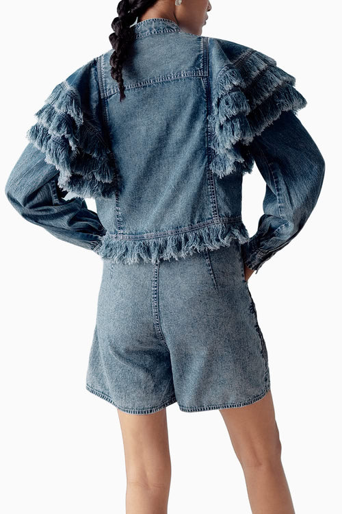 Washed Denim Pintuck Shirt with Shorts Set
