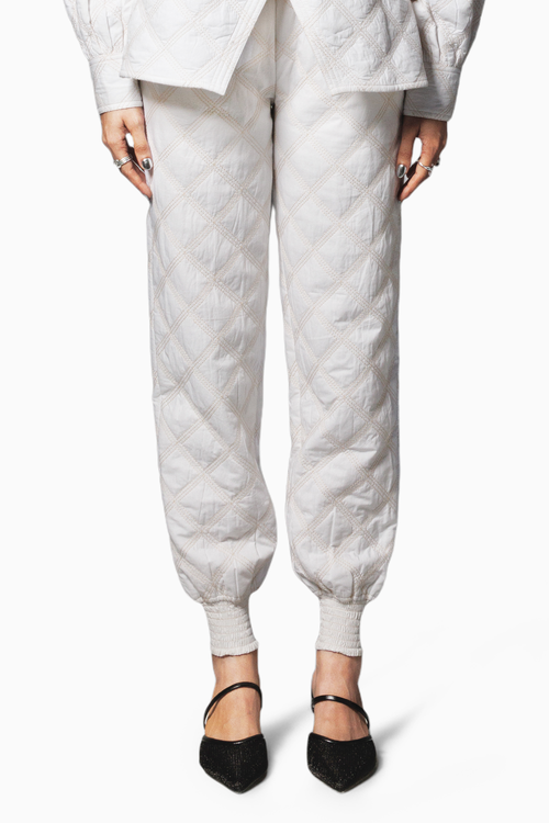 White Quilted Joggers