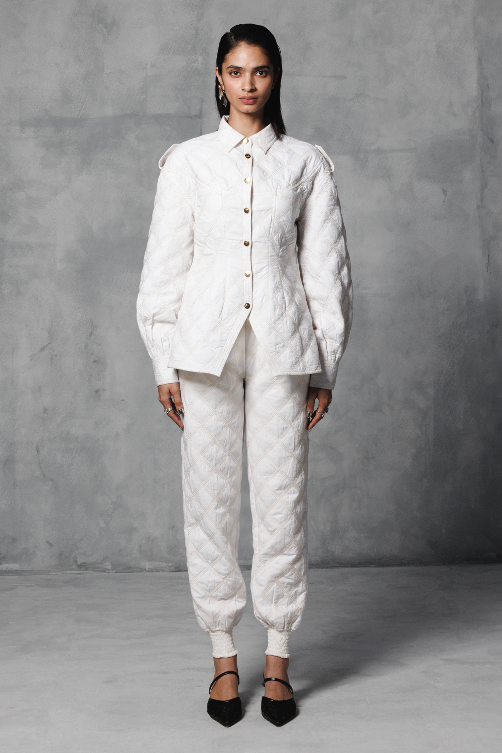 White Quilted Jacket with Joggers Coord Set