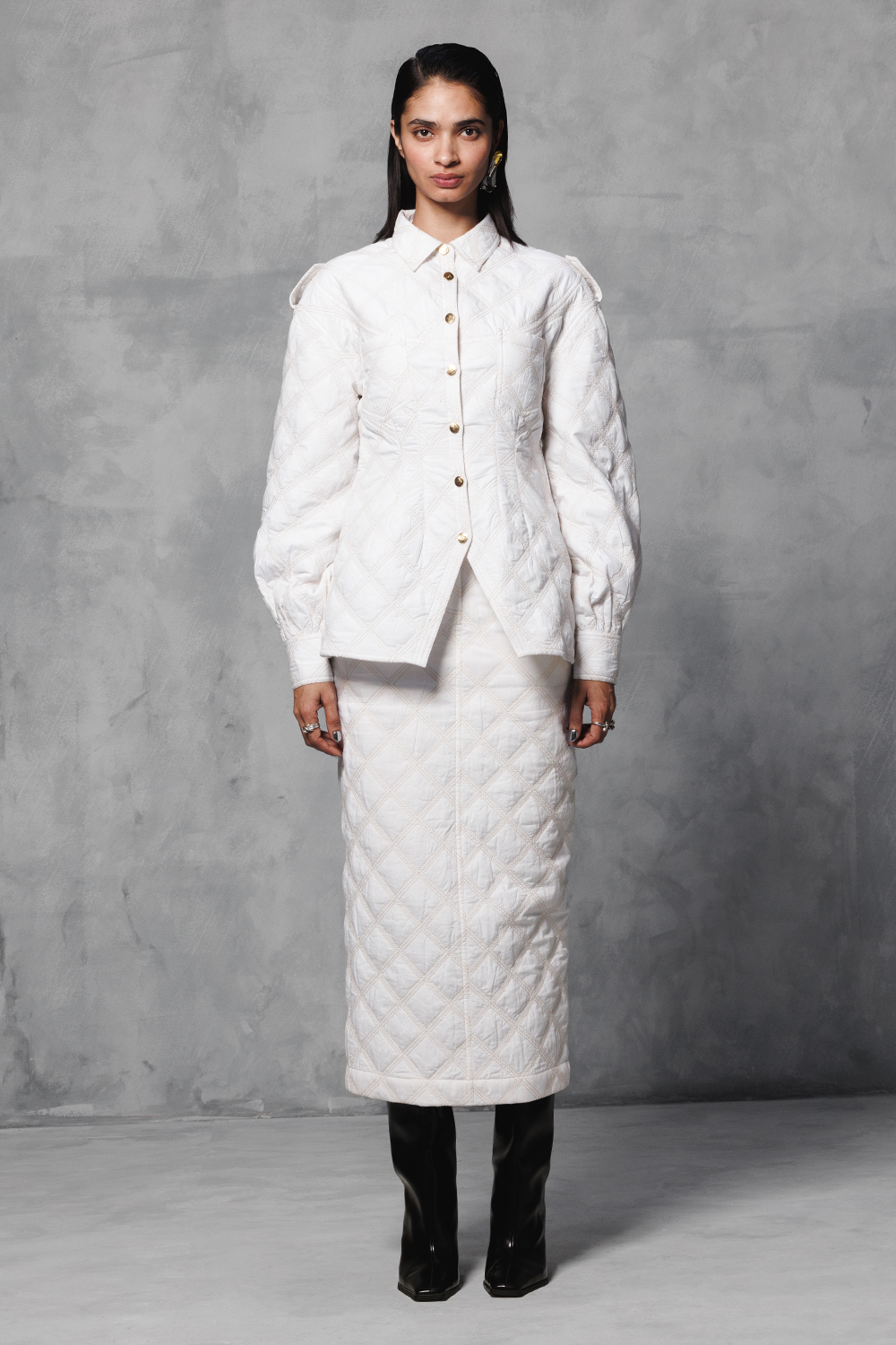 White Quilted Jacket with Skirt Coord Set