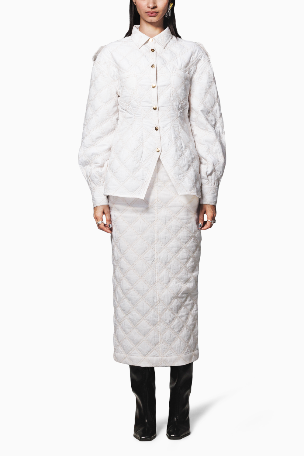 White Quilted Jacket with Skirt Coord Set
