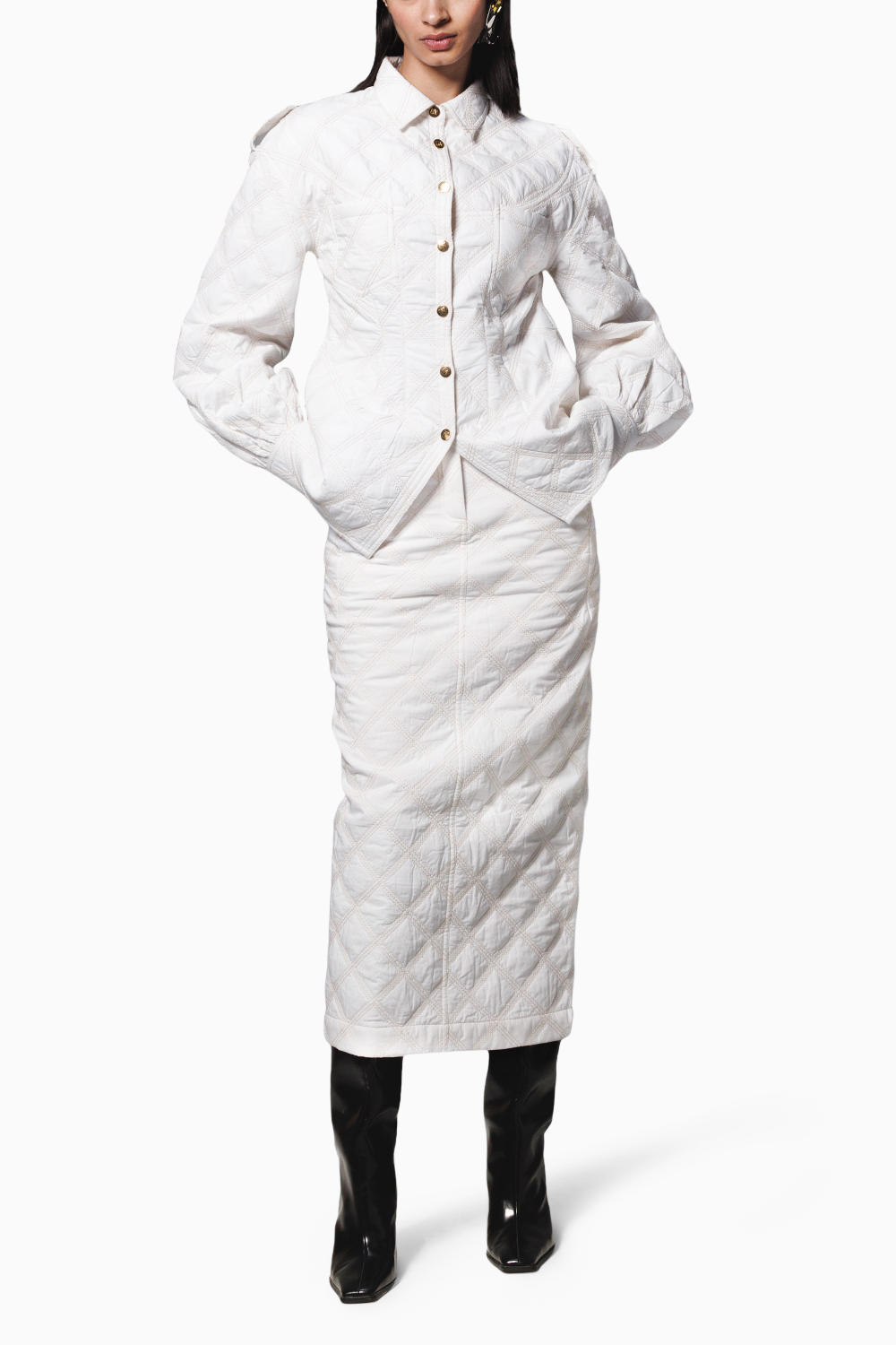 White Quilted Jacket with Skirt Coord Set