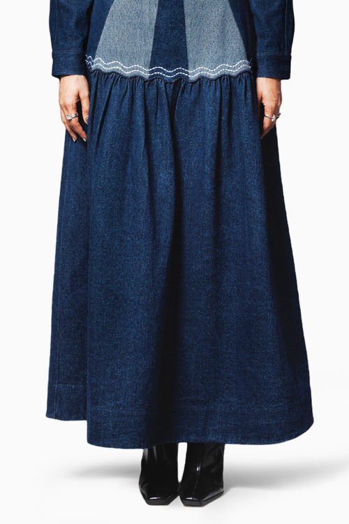 Blue Color Block Denim Skirt