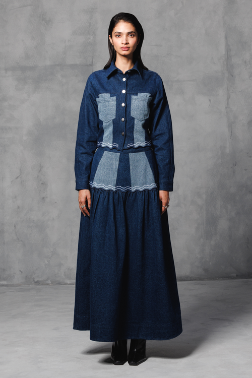 Blue Color Block Denim Coord Set