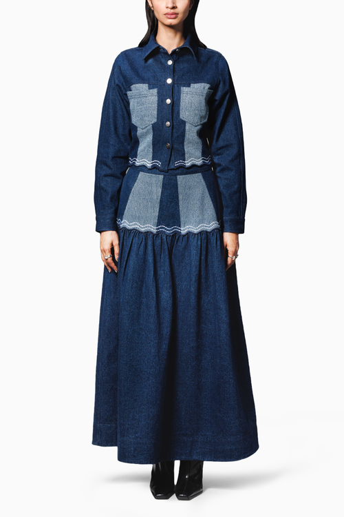 Blue Color Block Denim Coord Set