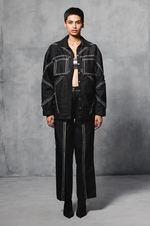 Black Denim Jacket with Pants Coord Set