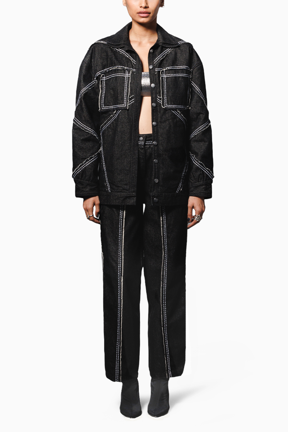 Black Denim Jacket with Pants Coord Set