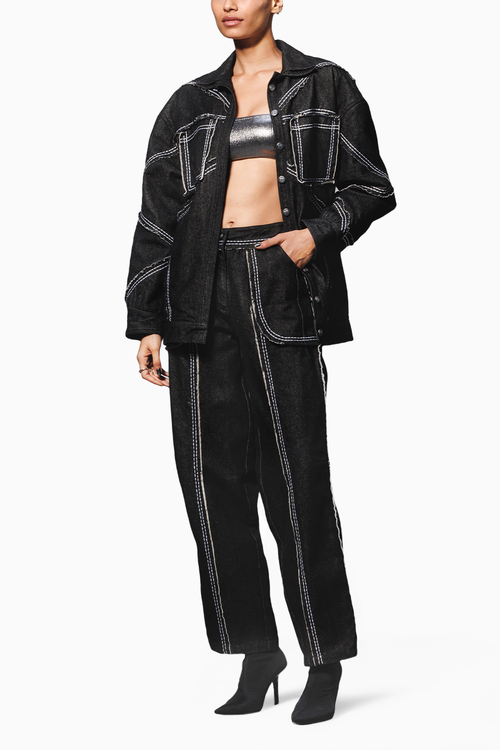 Black Denim Jacket with Pants Coord Set