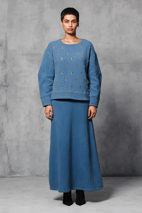 Blue Embellished Jacquard Coord Set