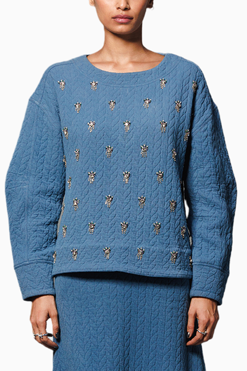 Blue Embellished Jacquard Sweatshirt
