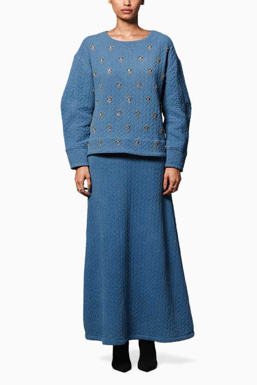 Blue Embellished Jacquard Coord Set