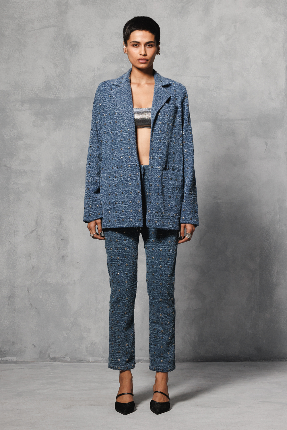 Blue Washed Distressed Denim Studded Pantsuit