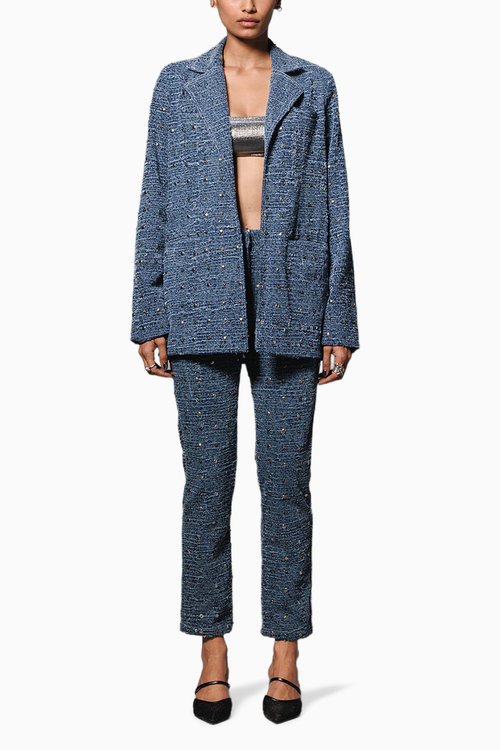 Blue Washed Distressed Denim Studded Pantsuit