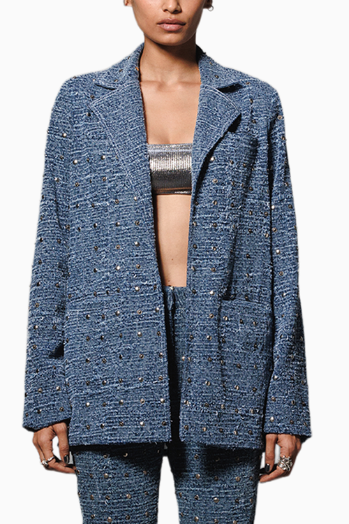 Blue Washed Distressed Denim Studded Blazer