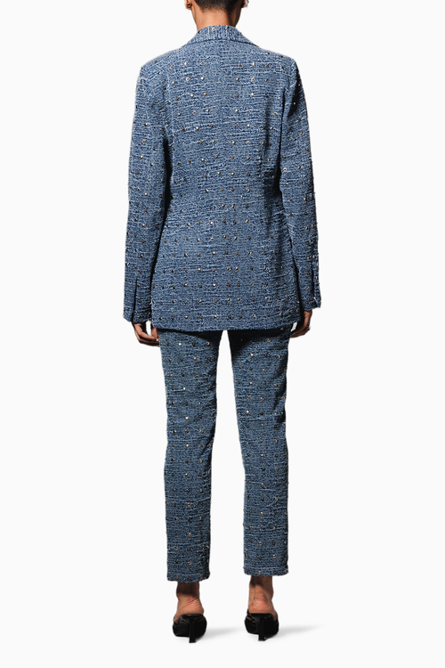 Blue Washed Distressed Denim Studded Pantsuit