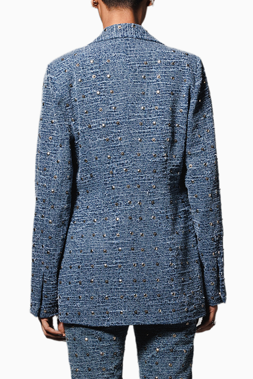 Blue Washed Distressed Denim Studded Blazer