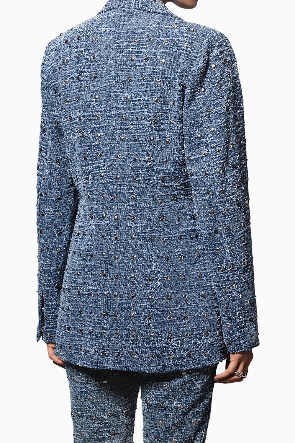 Blue Washed Distressed Denim Studded Pantsuit