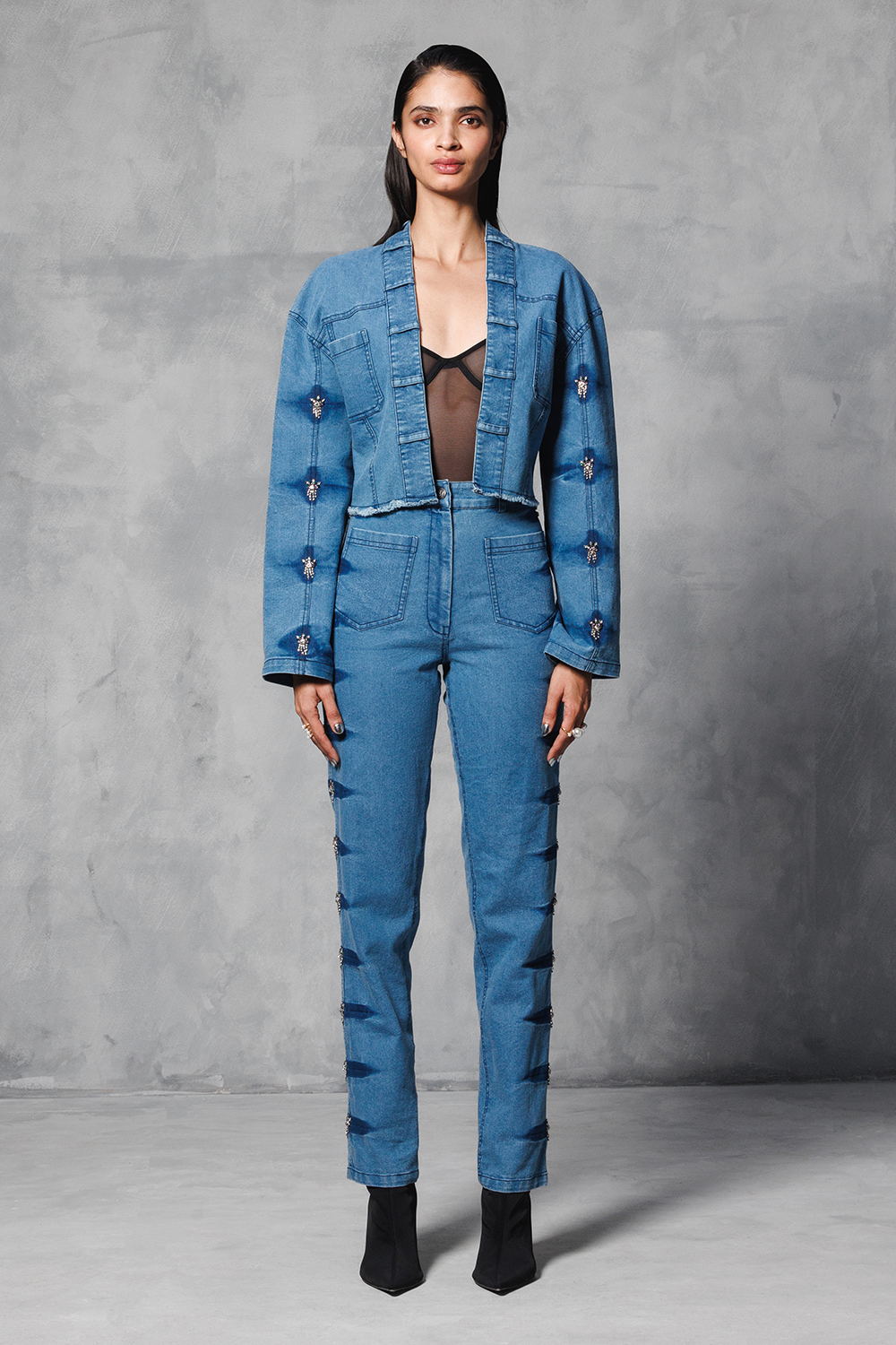 Blue Denim Embellished Crop Jacket with Pants Coord Set
