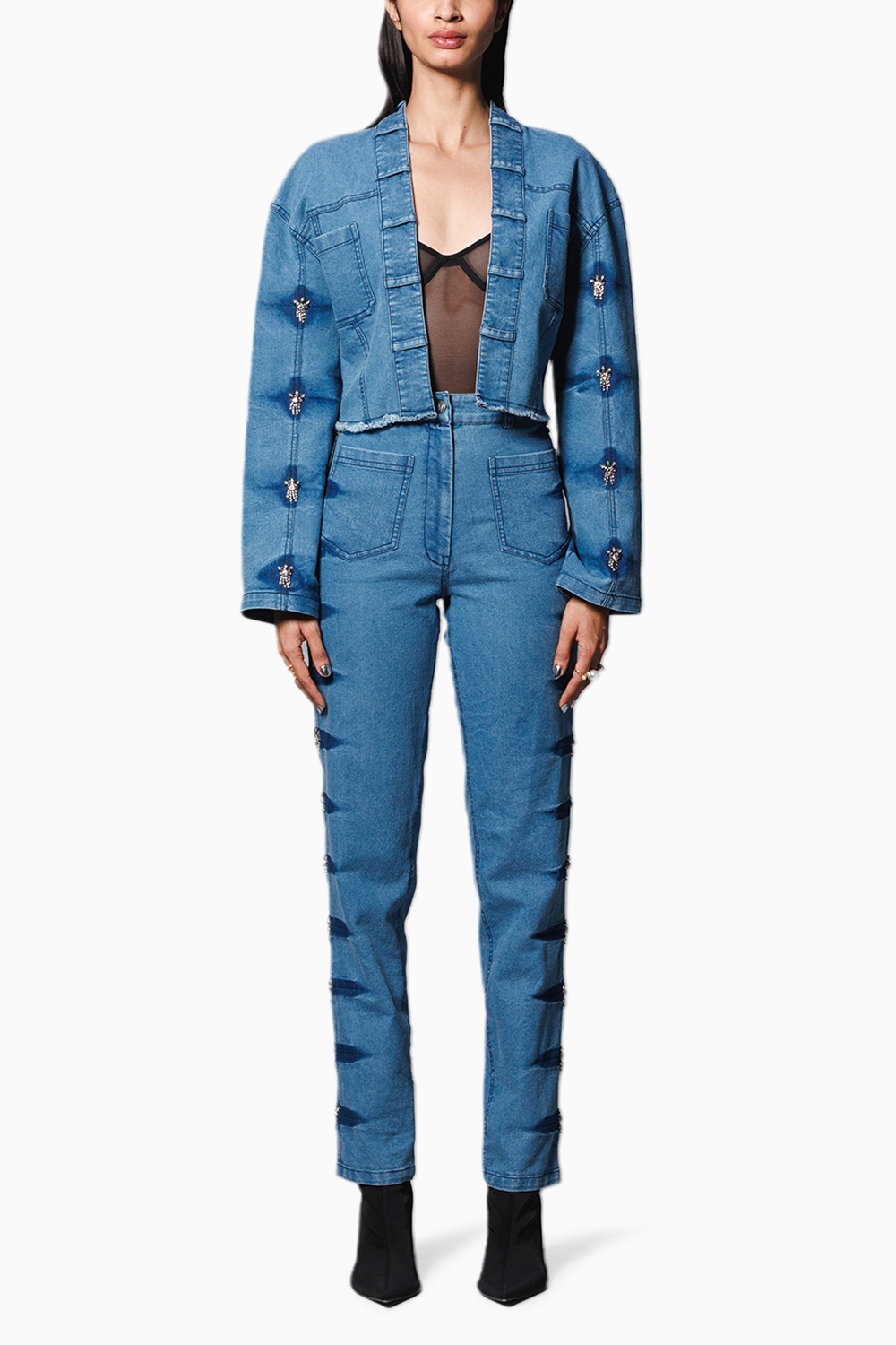 Blue Denim Embellished Crop Jacket with Pants Coord Set