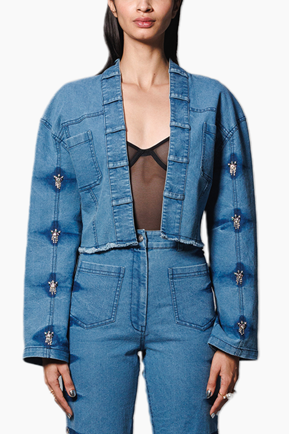Blue Denim Embellished Crop Jacket