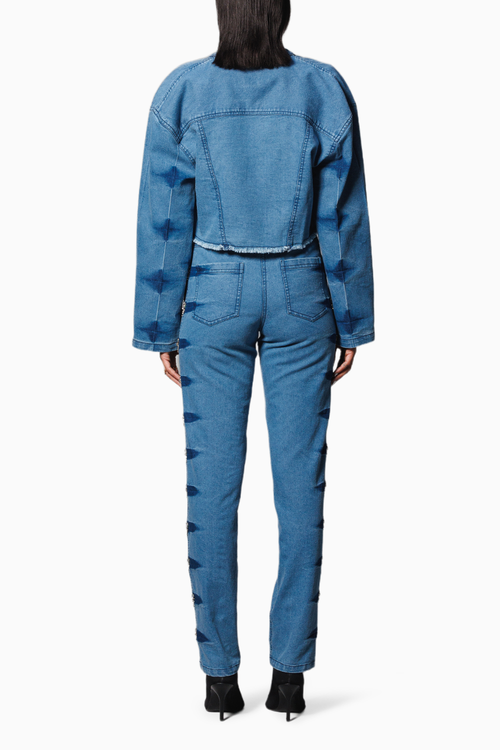Blue Denim Embellished Crop Jacket with Pants Coord Set