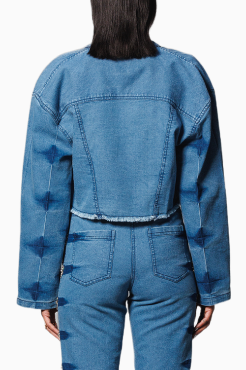 Blue Denim Embellished Crop Jacket