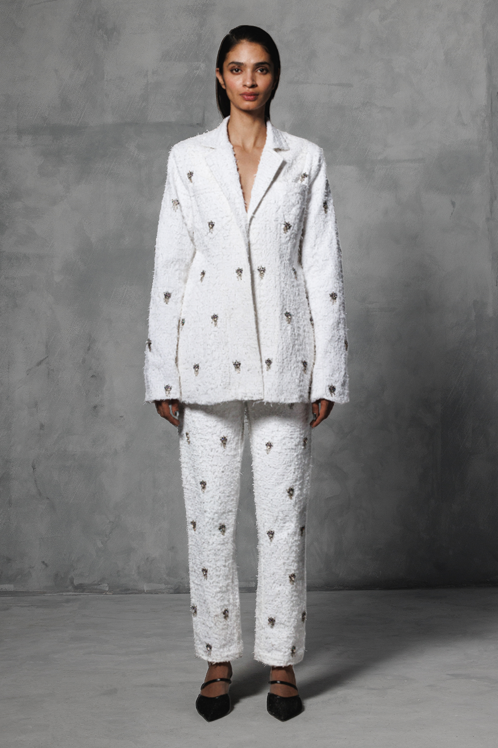White Distressed Twill Embellished Pantsuit