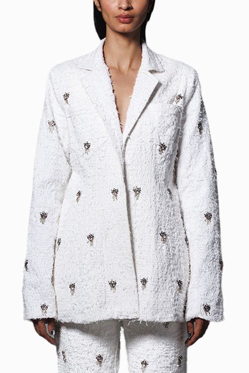 White Distressed Twill Embellished Blazer