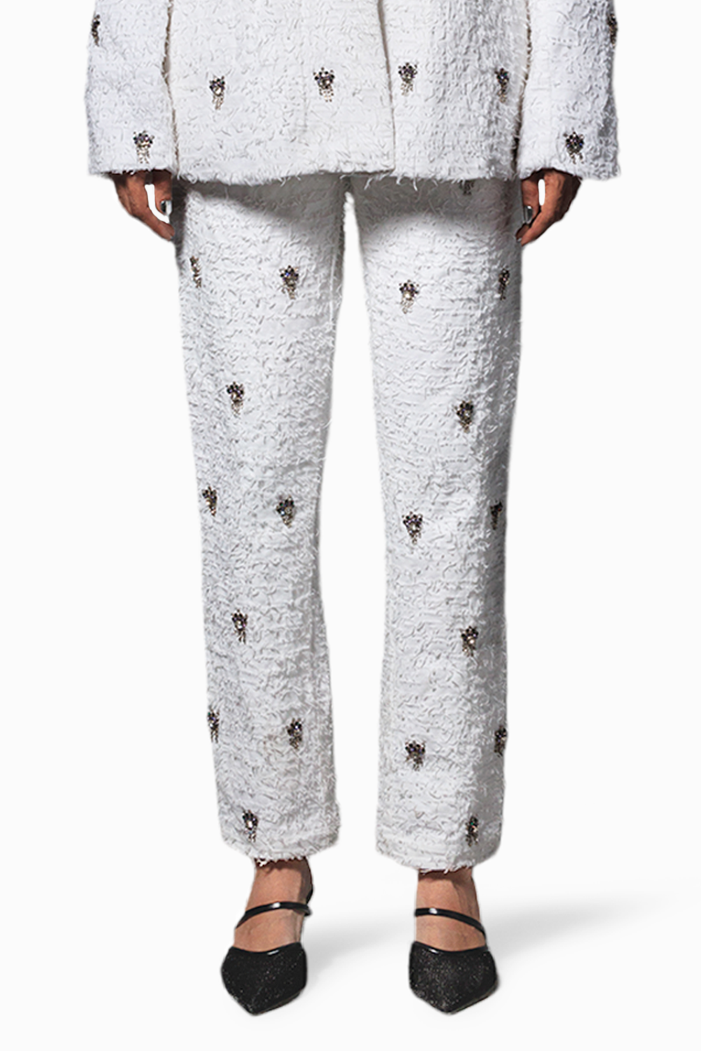 White Distressed Twill Embellished Pants