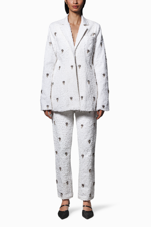 White Distressed Twill Embellished Pantsuit