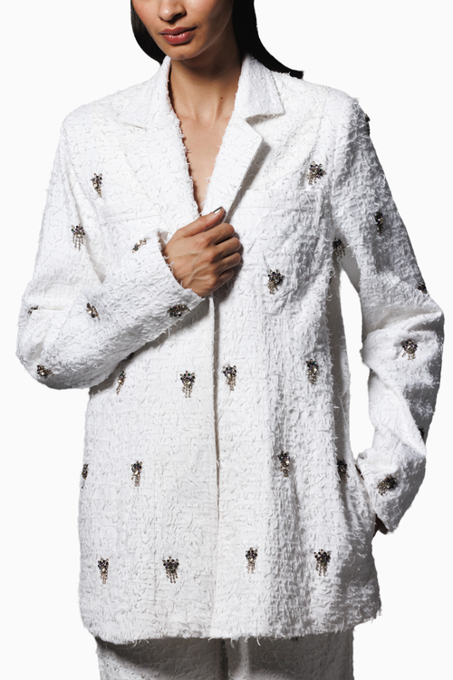 White Distressed Twill Embellished Blazer