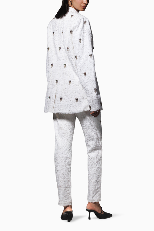 White Distressed Twill Embellished Pantsuit