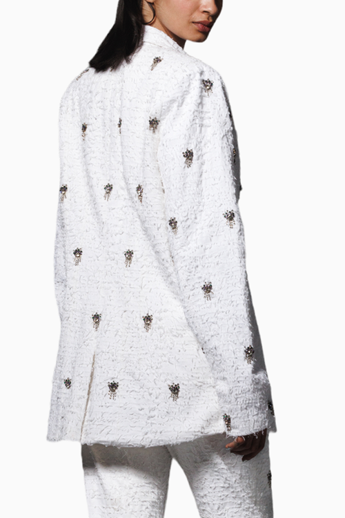 White Distressed Twill Embellished Blazer