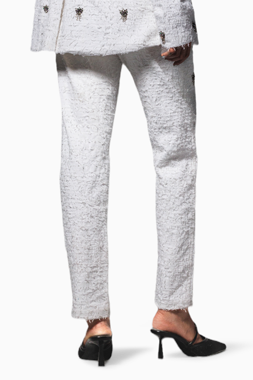 White Distressed Twill Embellished Pants