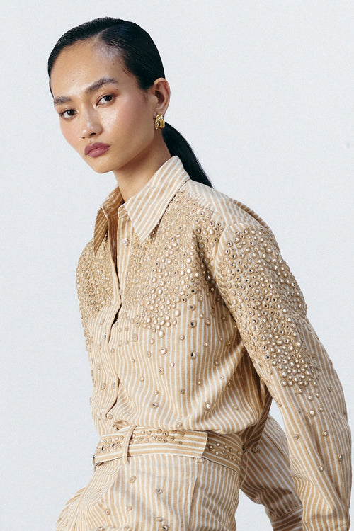 Beige Stripe Mirror Embellished Shirt