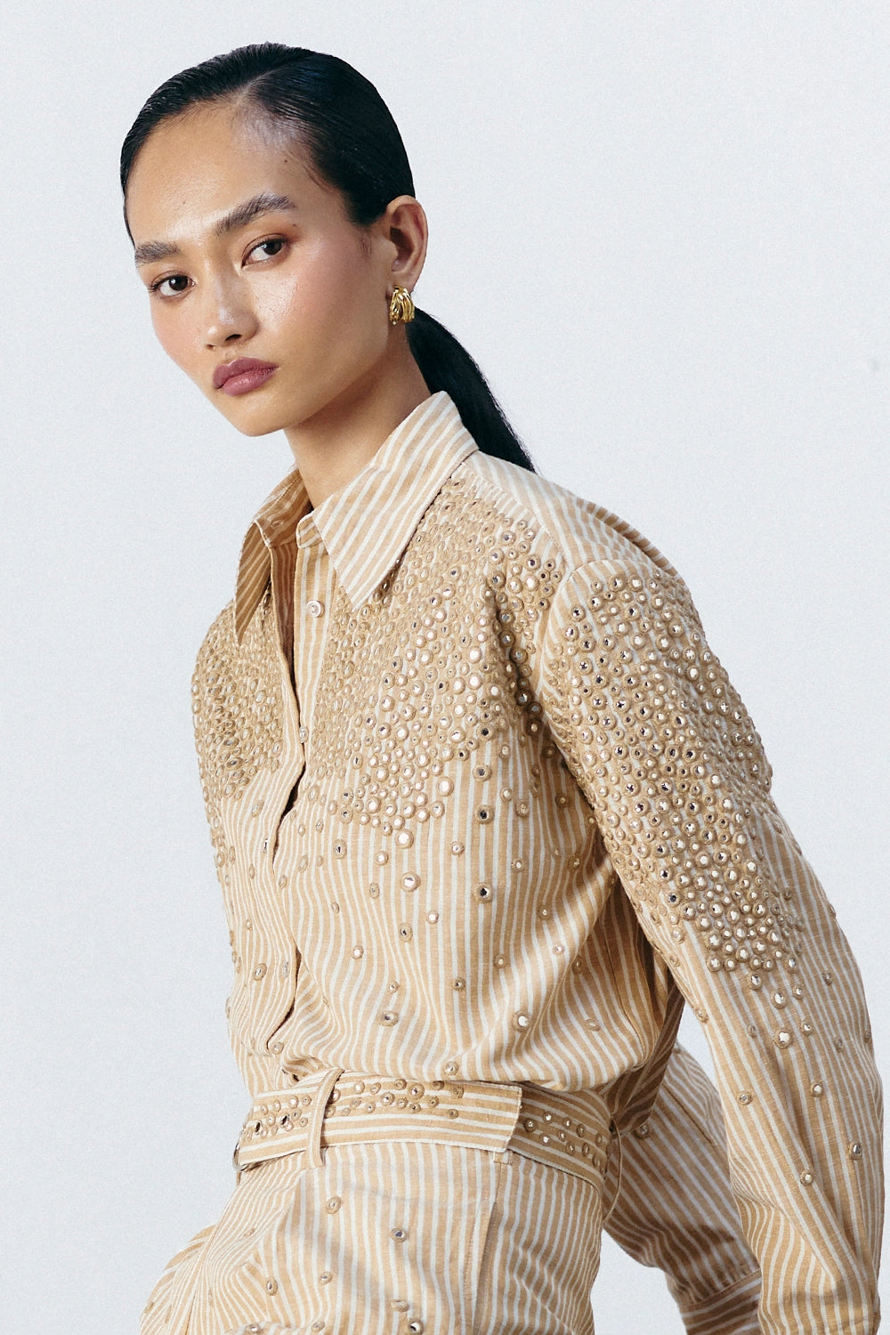 Beige Stripe Mirror Embellished Shirt