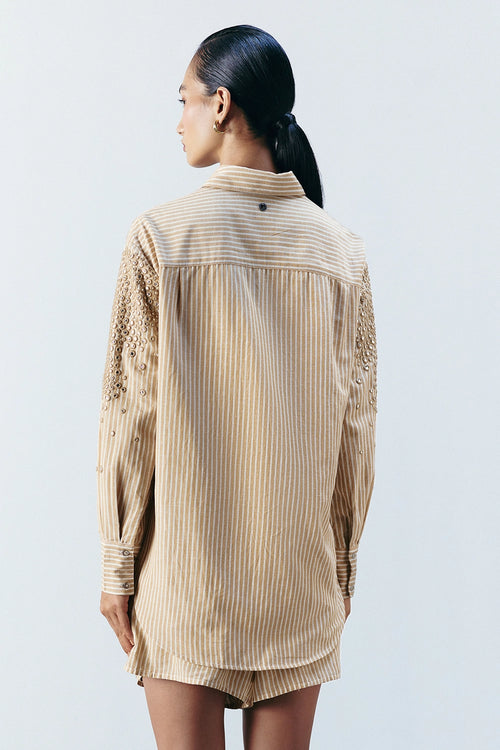 Beige Stripe Mirror Embellished Shirt