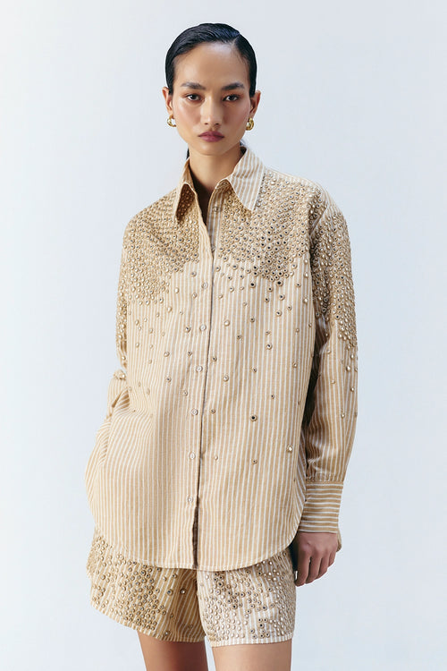 Beige Stripe Mirror Embellished Shirt