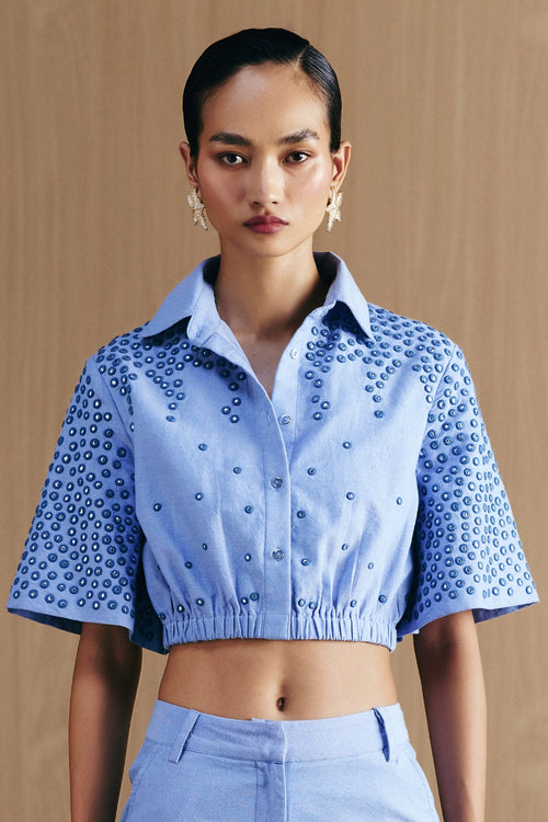 Blue Chambrey Mirror Embellished Crop Shirt