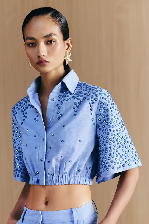 Blue Chambrey Mirror Embellished Crop Shirt